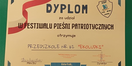 Powiększ grafikę: Dyplom dla Ekoludków za udział w FESTIWALU PIEŚNI I PIOSENKI PATRIOTYCZNEJ 