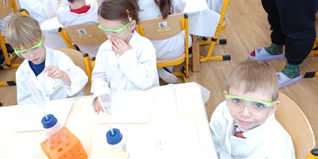 Powiększ grafikę: Zajęcia chemiczne w grupie IV - dzieci w białych fartuchach i okularach siedzą przy stolikach i przeprowadzają doświadczenia chemiczne