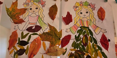 Powiększ grafikę: Grupa Kosmoludków pięknie przywitała Panią Jesień, tworząc wyjątkową pracę z kolorowych, jesiennych liści. 🍂🍁