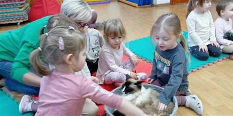 Powiększ grafikę: Dzieci wzięły udział w zajęciach z kotkiem Iwo, które poprowadził pan Kuba