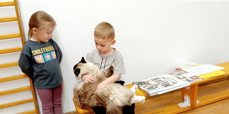 Powiększ grafikę: Dzieci wzięły udział w zajęciach z kotkiem Iwo, które poprowadził pan Kuba