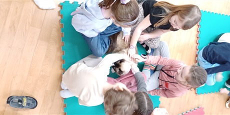 Powiększ grafikę: Dzieci wzięły udział w zajęciach z kotkiem Iwo, które poprowadził pan Kuba