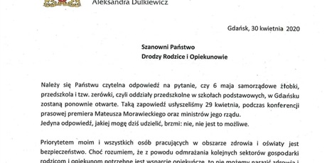 Uwaga Rodzice! Prosimy o zapoznanie się z pismem od Pani Prezydent Aleksandry Dulkiewicz