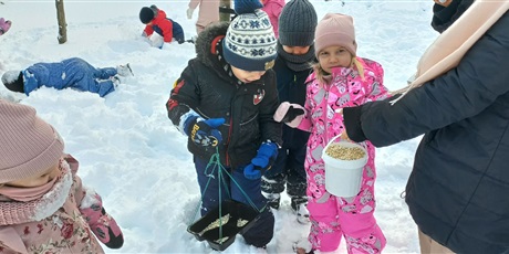 Powiększ grafikę: Zabawy na śniegu i dokarmianie ptaków.
