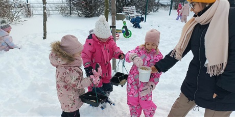 Powiększ grafikę: Zabawy na śniegu i dokarmianie ptaków.